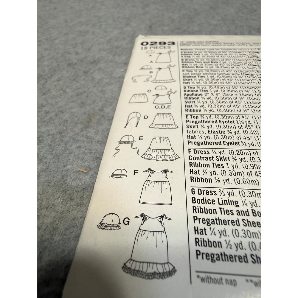 Simplicity Sewing Pattern 0293 18" Doll Clothes New Uncut Dress Hat Wardrobe DIY - Picture 10 of 11